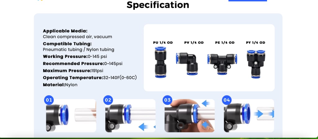 1/4" Pneumatic Push-to -Connect Fittings Kit